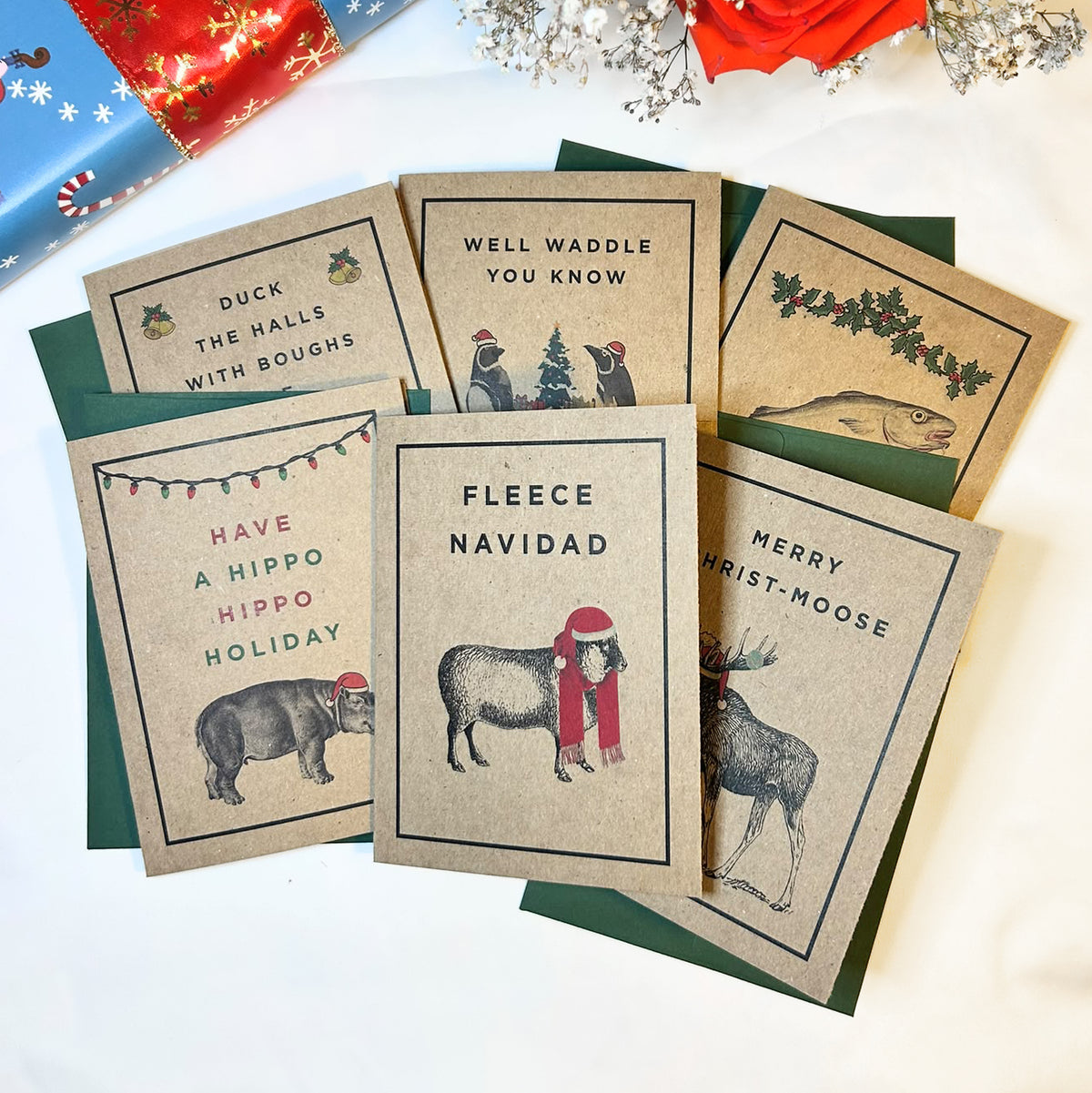 Christmas Critters 6-pack of funny animal pun Christmas cards by Kraft Street Paper Co.