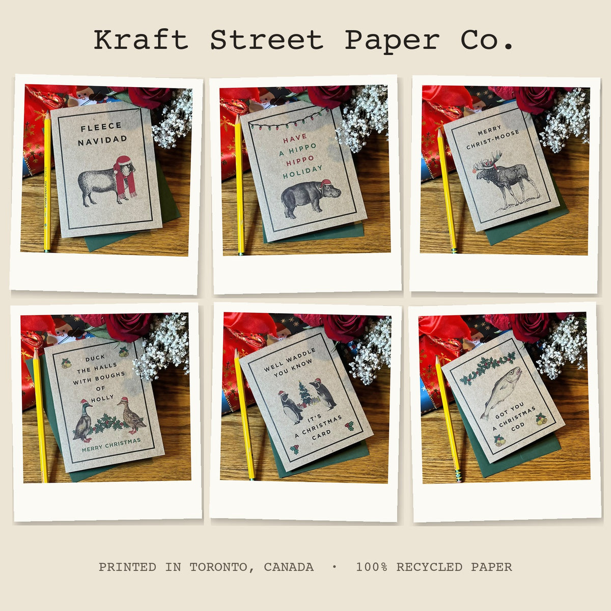 All six Christmas Critters card designs by Kraft Street Paper Co., printed in Toronto on 100% recycled paper