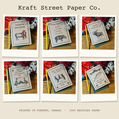 All six Christmas Critters card designs by Kraft Street Paper Co., printed in Toronto on 100% recycled paper