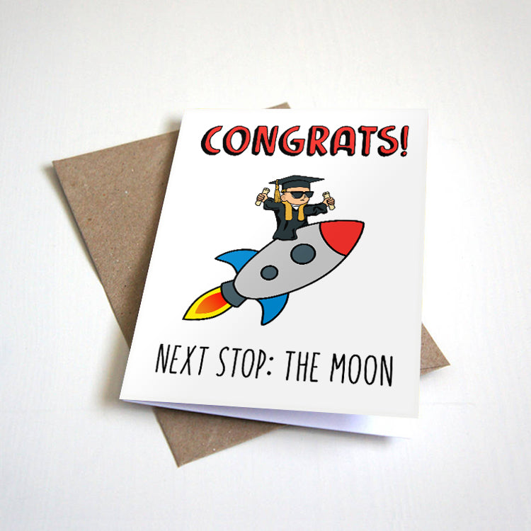 Diploma Hands - Rocketship To The Moon Graduation Card - Game Stonk